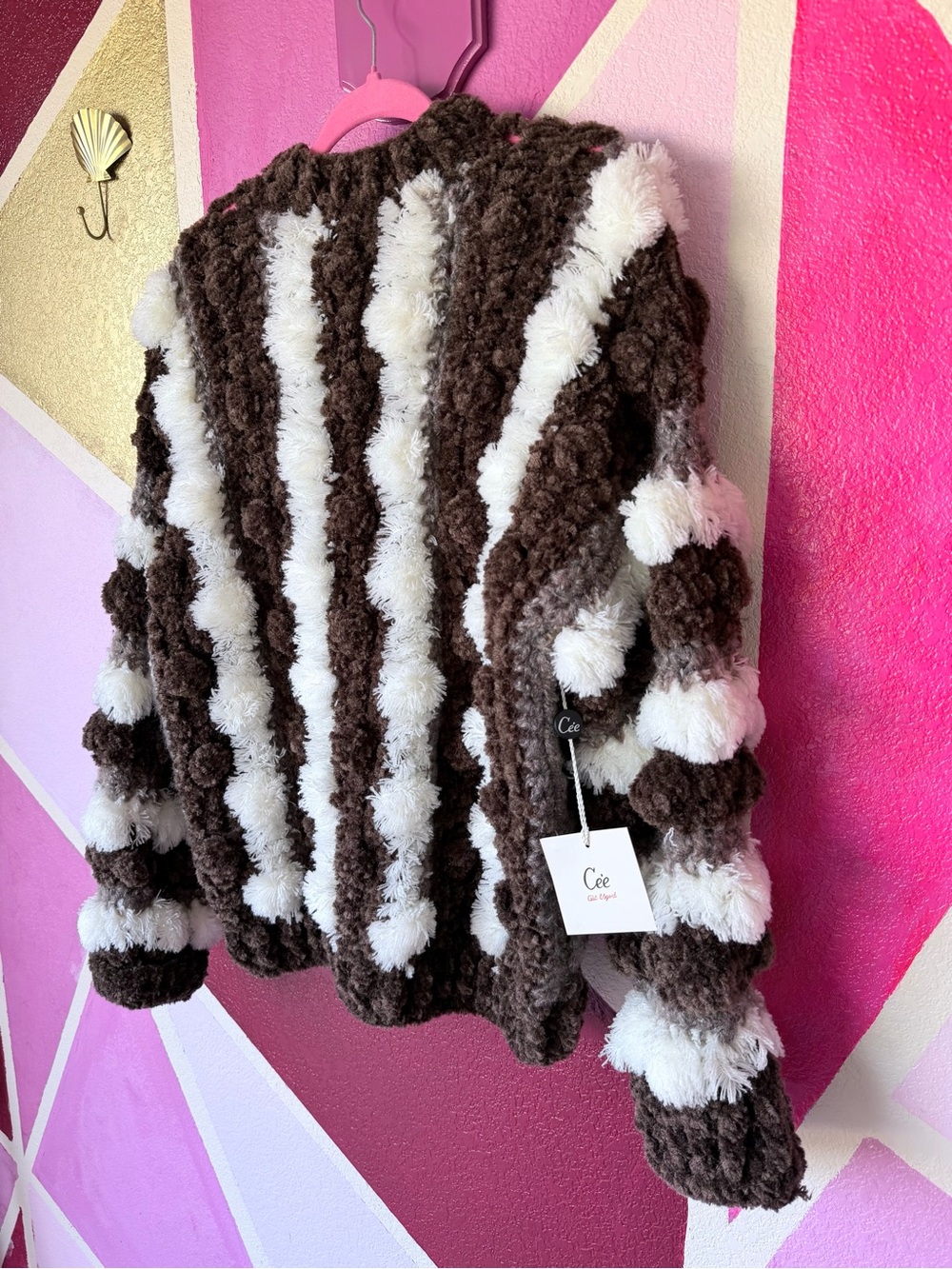 Vintage 90s Cee Brown Stripe Pom-Pom Fuzzy Zip Jacket Novelty Knit XL - Picture 6 of 13